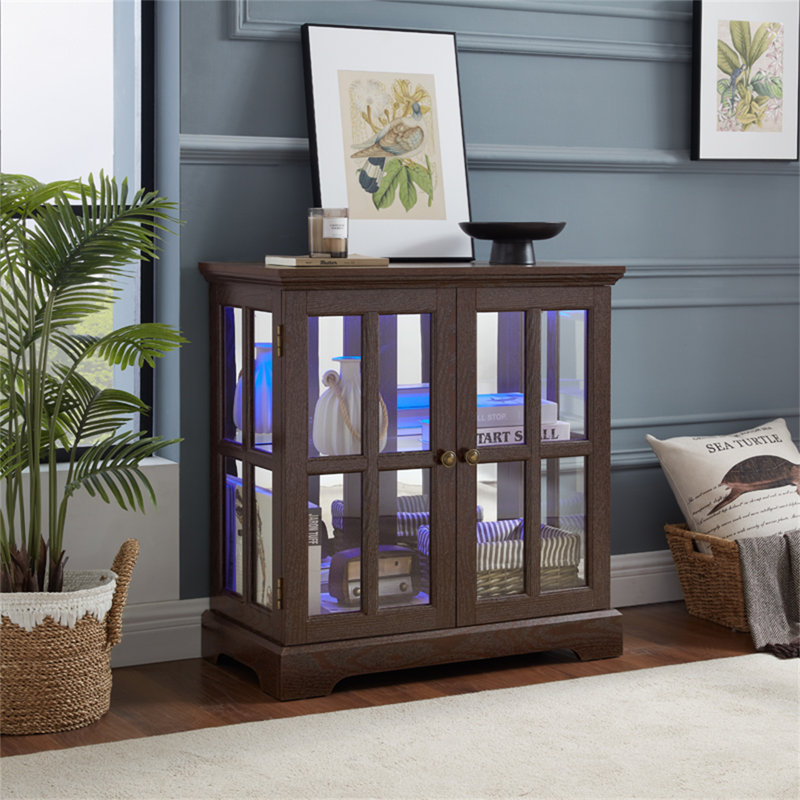 Retro Antique LED Curio Display Cabinet With Adjustable Shelves And Lattice Doors, Cherry
