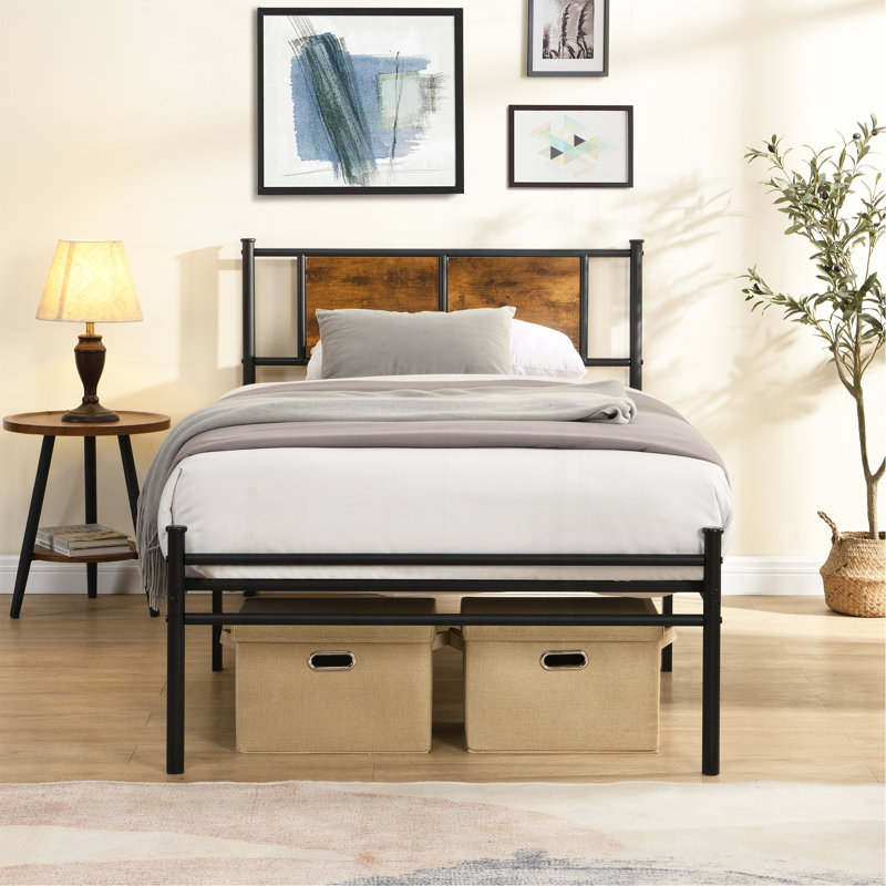 Cadre de lit simple TG, tête de lit avec décoration en bois, noir