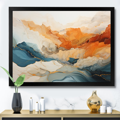 Abstrait orange et bleu rivière encre - art mural abstrait en marbre