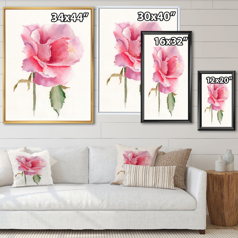 Fleur rose vif rétro - peinture sur toile, H 40 po x l 30 po x P 1,5 po, Cadre flottant doré