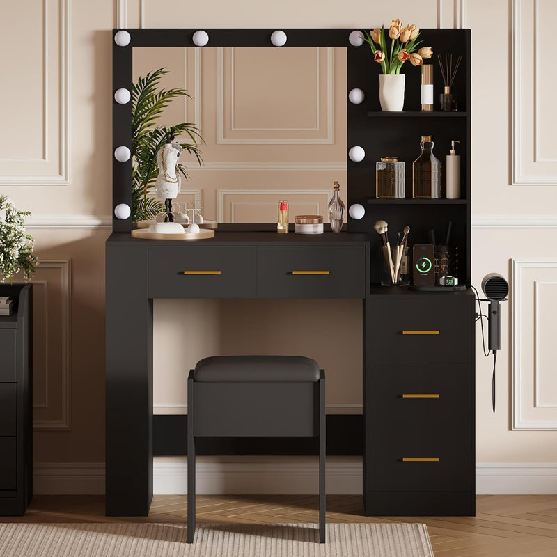 Bureau de maquillage avec 3 modes d'éclairage couleur et 5 tiroirs, Noir