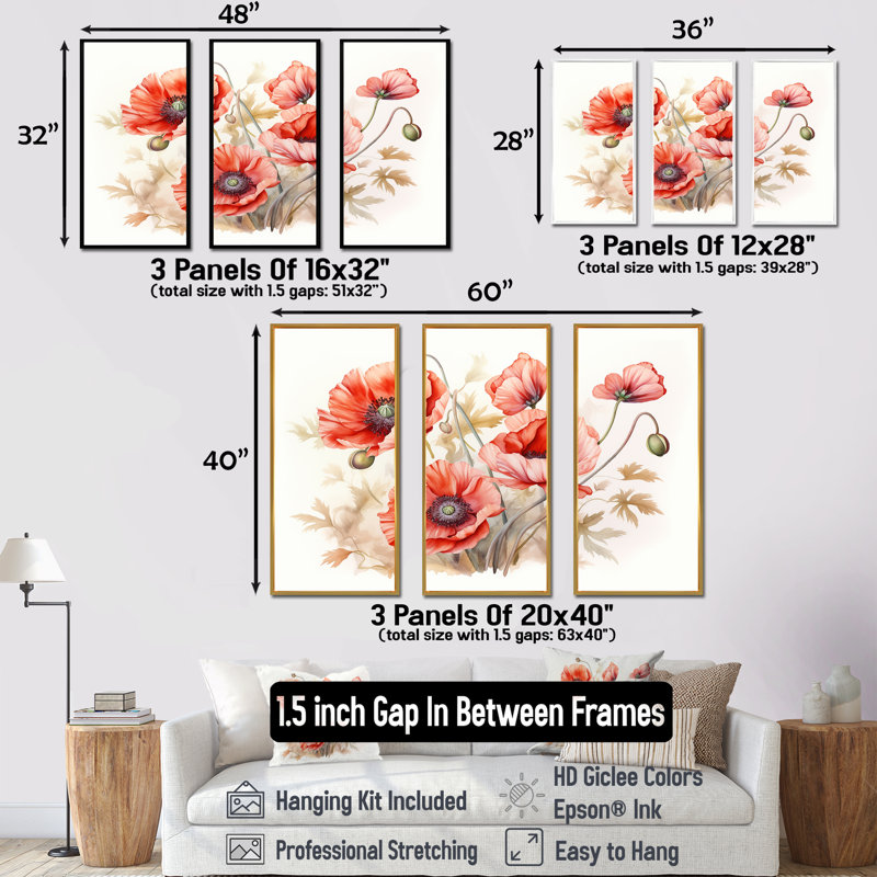 «Poppies Charm In Winter Delight I» - ensemble d'art mural coquelicots, Cadre flottant noir, H 32 po x l 48 po x P 1 po