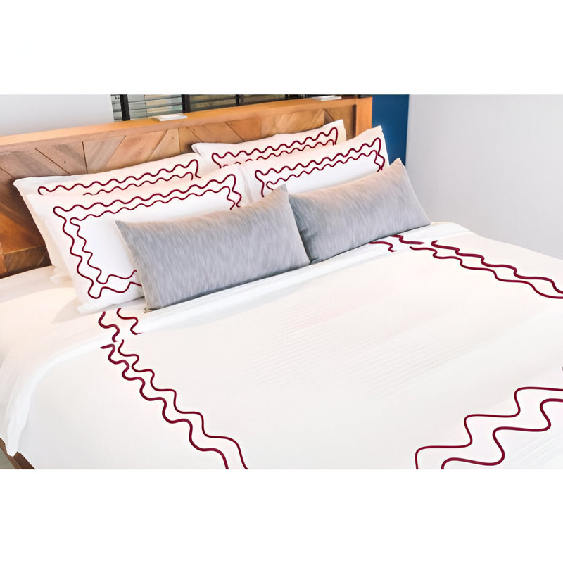 Double Wavy Embroidered Cotton Duvet Cover Set, White/Burgundy