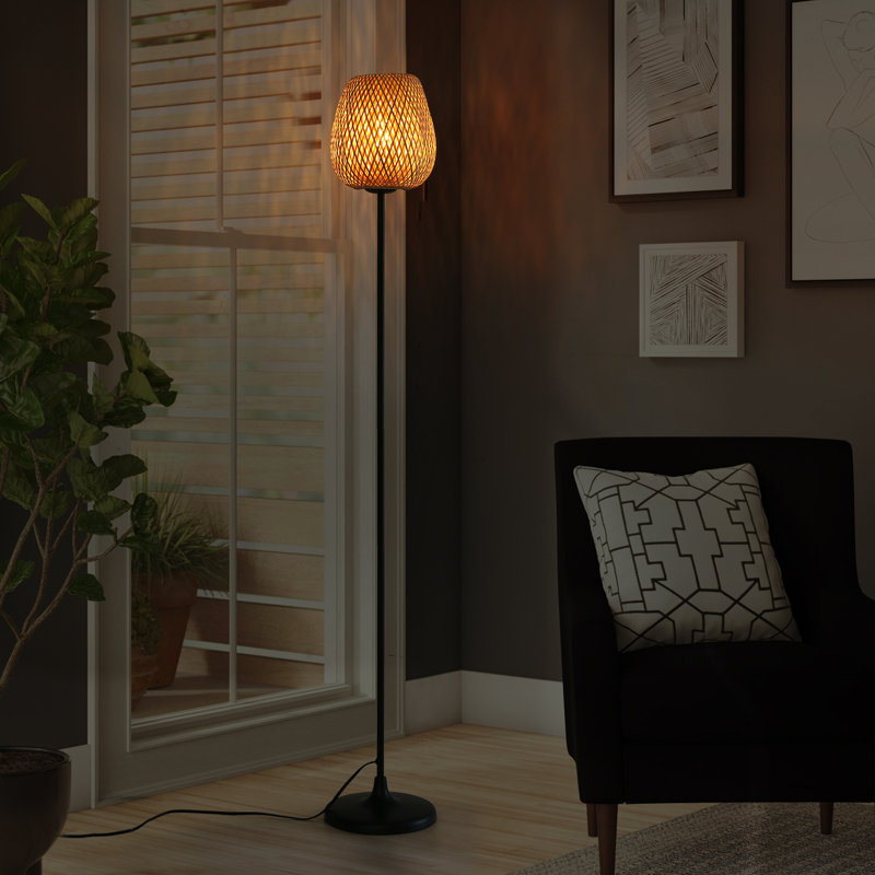 Cordrey Rattan Bamboo Woven Floor Lamp, Modern Boho Standing Light Plug in for Living Room