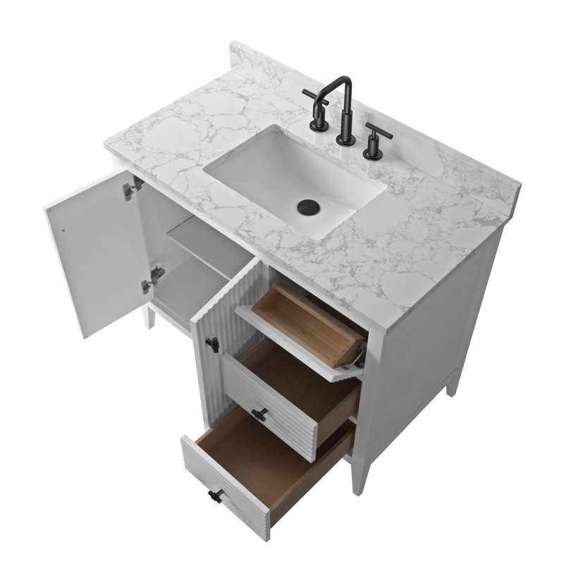 Ensemble de meuble-lavabo autoportant à simple cuve 42 po avec plateau en marbre Lavallon, Blanc linéaire, Noir mat