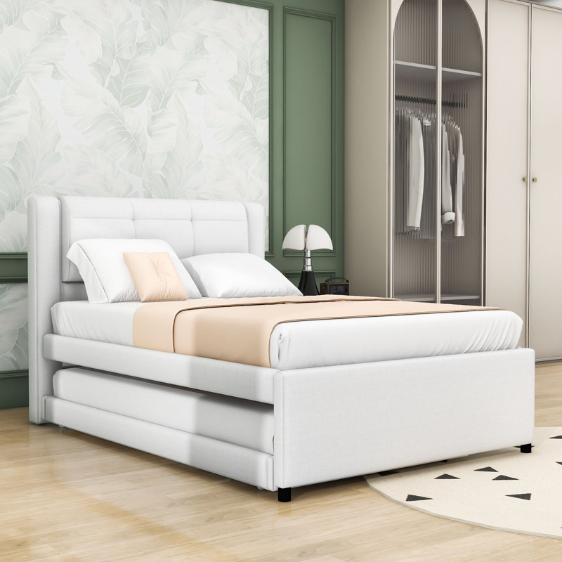 Lit plateforme tapissier double avec lit gigogne Jadarrion, Beige