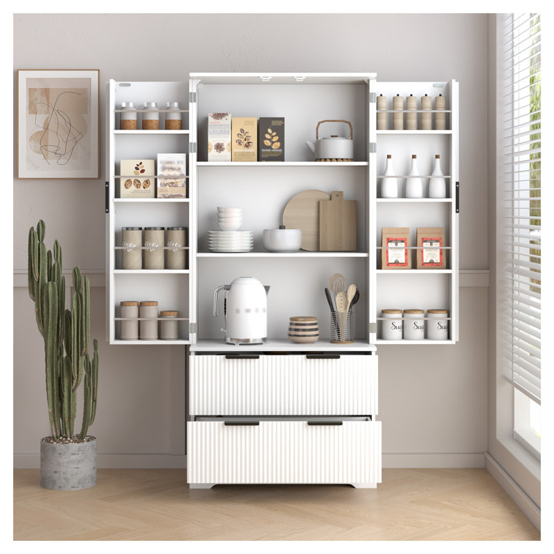 Armoire de cuisine 72 pouces avec 2 grands tiroirs et support à épices à 8 portes - Organisateur de rangement autoportant pour cuisine, salle à manger et salle de bain, blanc