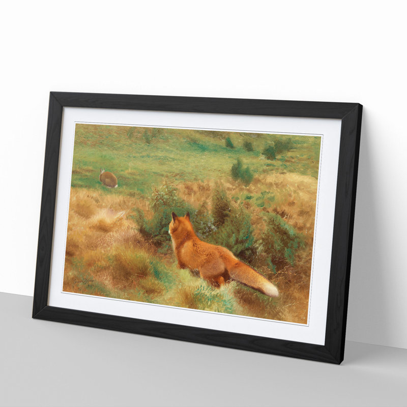 Fox Stalking a Brown Hare by Bruno Liljefors - Picture Frame Painting, 48cm H x 65cm W x 2cm D, Black Framed
