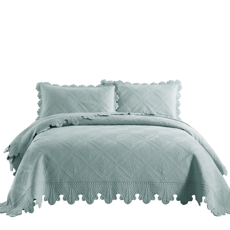 Tkembroidery Cotton Abstract Bedding, Queen Quilt + 2 Standard Shams, Aqua Green