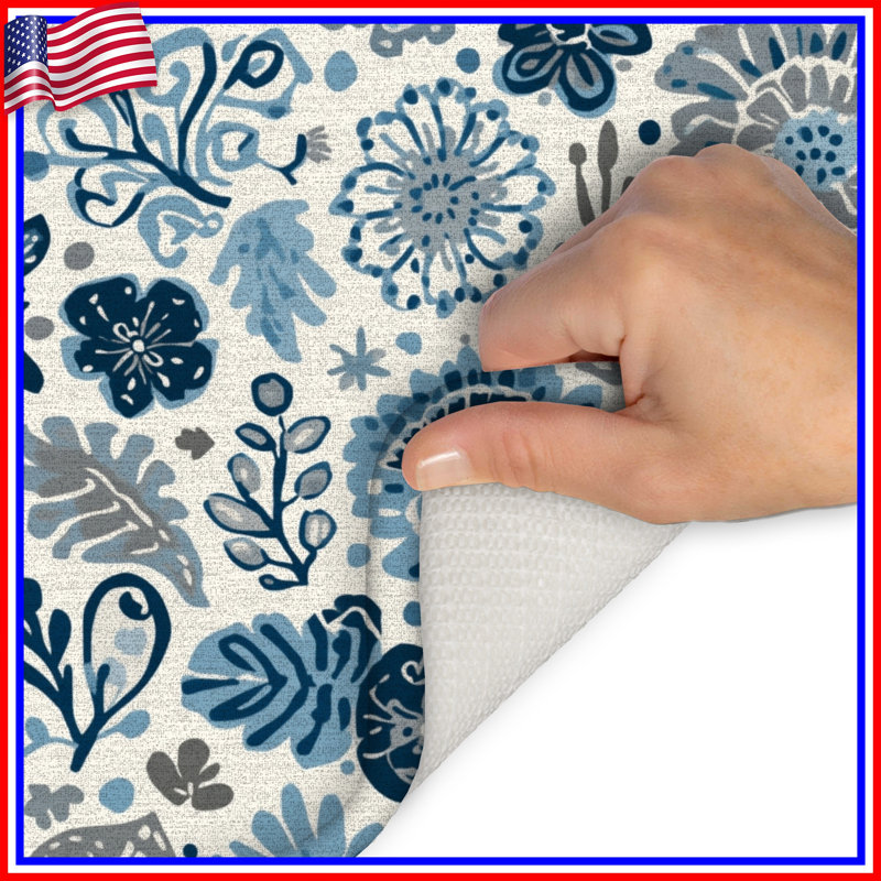 Tapis de bain à motif floral bleu gris, 24 po L x 17 po L
