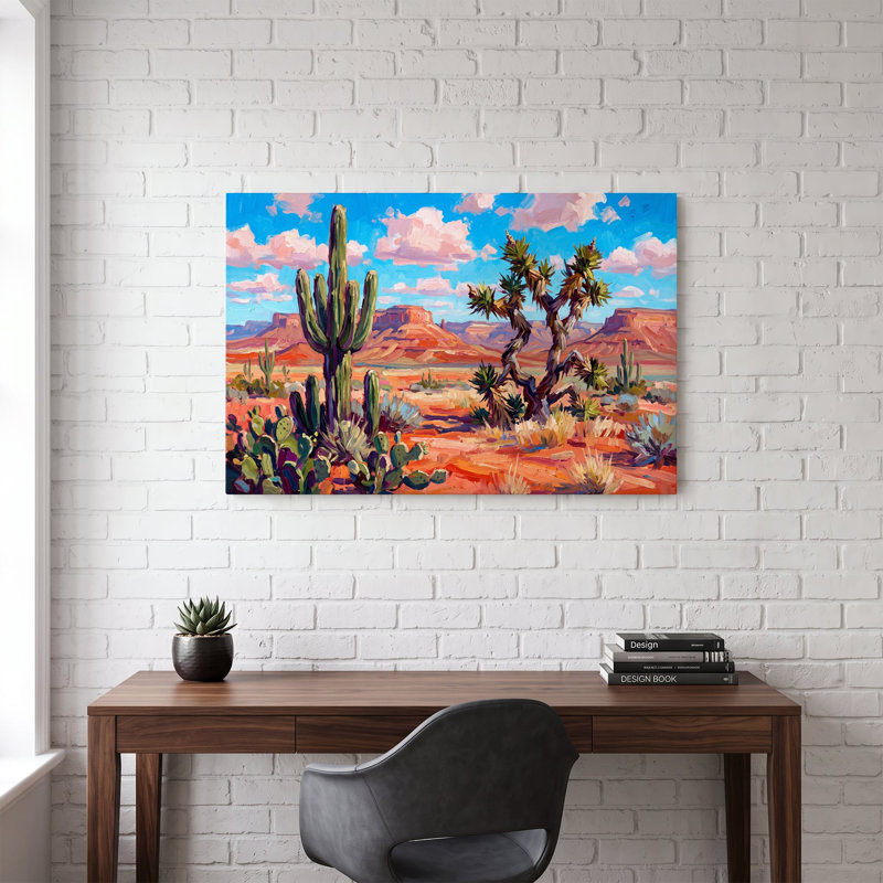 Tableau multicolore sur toile représentant un paysage de cactus du désert, œuvre d'art murale picturale pour le salon, la salle à manger et la chambre.