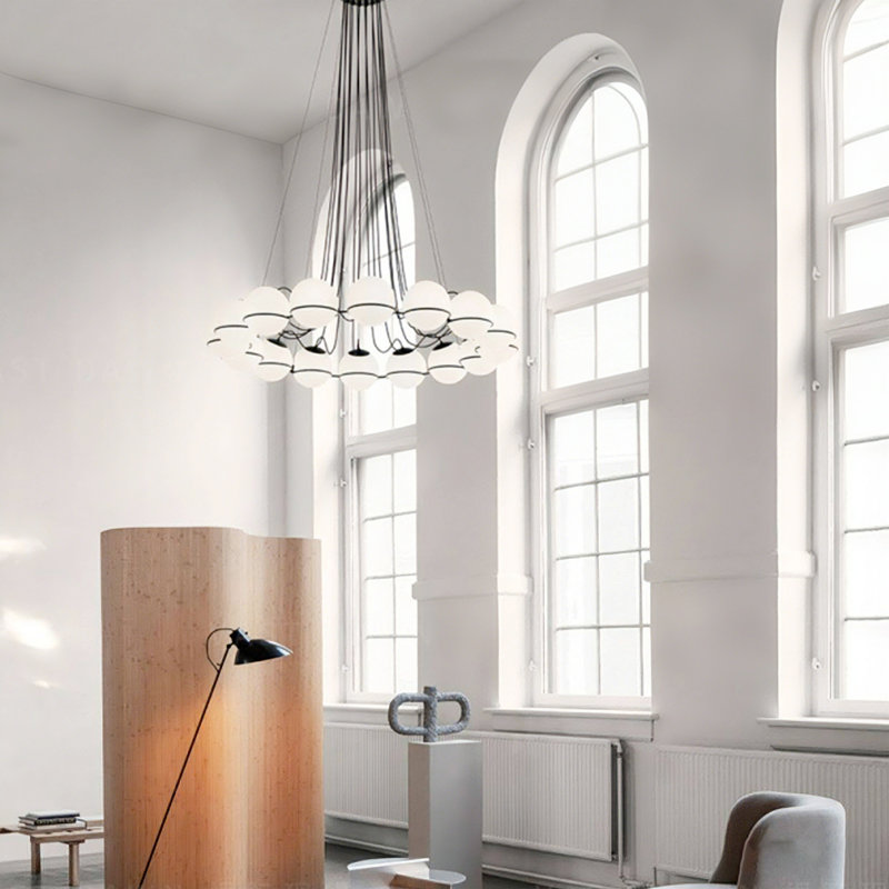 Luminaire suspendu sphérique en verre blanc de style médiéval français 37,4 po pour hall d'entrée, cage d'escalier