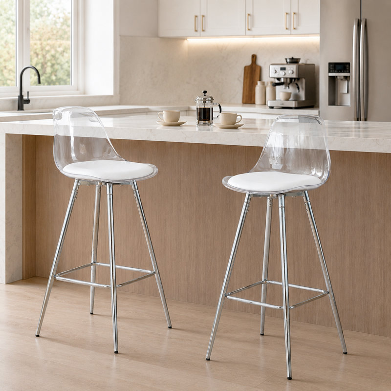 Breion Modern Transparent Bar Stools with Faux Leather Seat and Metal Legs ( Set of 2), Silver