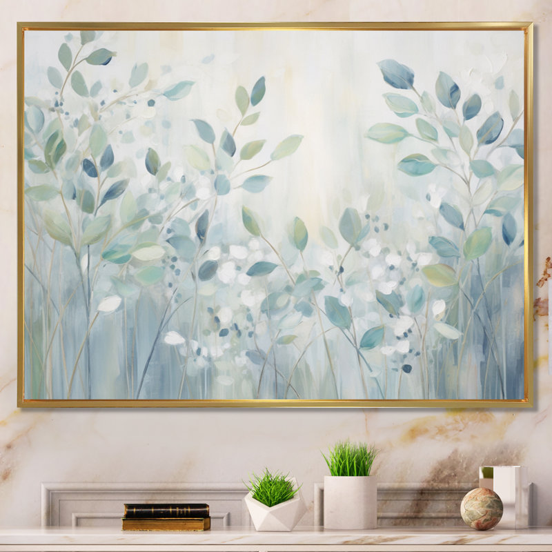 «Blue Botanical Rhythms IV - Abstract Botanicals», reproduction d'art sur toile, Cadre flottant doré