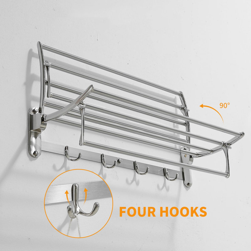 24 Inch Brushed Nickel Wall Mounted Foldable Towel Rack with Hooks
