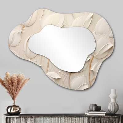 Minimalisme blanc tulipes symphonie - miroir de tulipes nuage, miroir mural asymétrique beige unique, art imprimé en métal