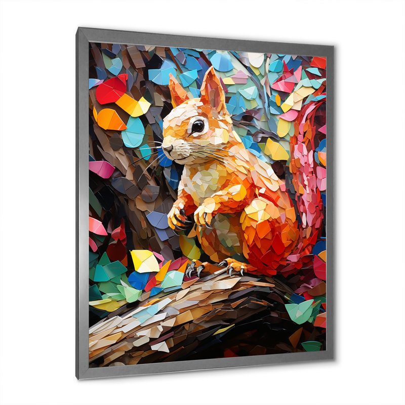 Collage coloré écureuil délice - Écureuil, art mural animal, H 32 po x l 16 po x P 1 po, Cadre simple argenté