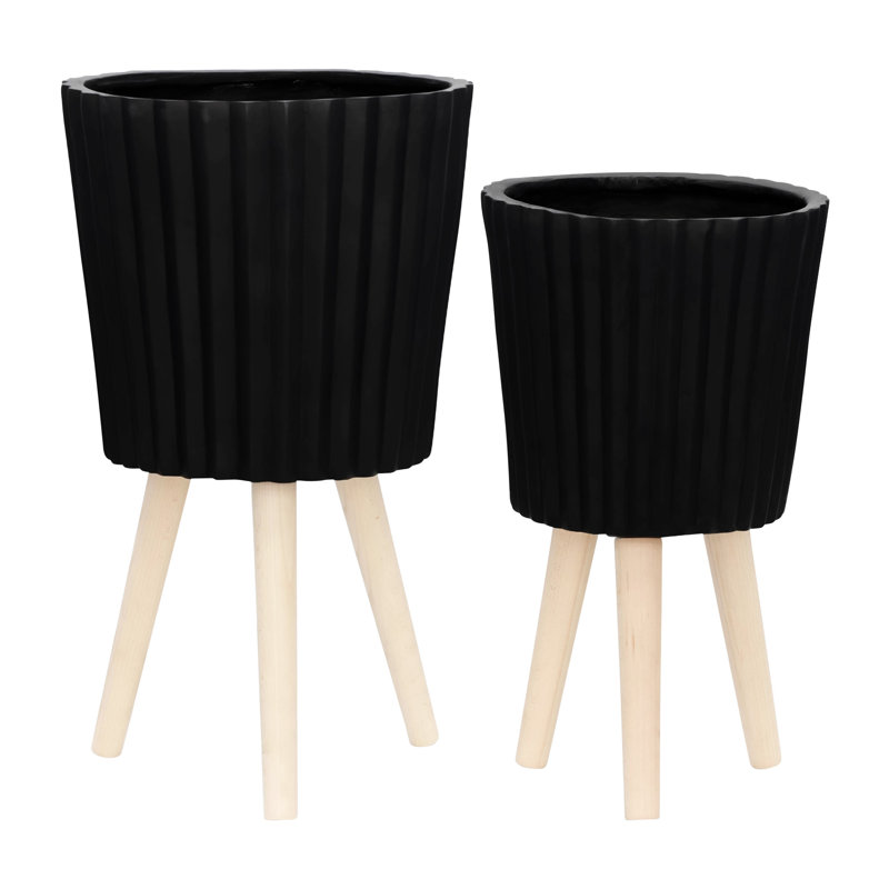 S / 2 pot à fleurs strié 10/12 po avec pieds en bois