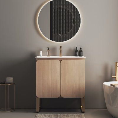 Wood Bathroom Vanity With Ceramic Wash Basin - Modern Design, Ample Storage, Silent Doors 30" Sink Texture, Generous Mechanism