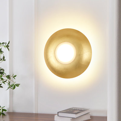 12.6" Modern LED Wall Sconce Gold Foil Round Hollow with Acrylic Center Plate
