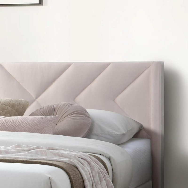 Linen Bed with Tufted Headboard, Rose clair 1, Grand lit