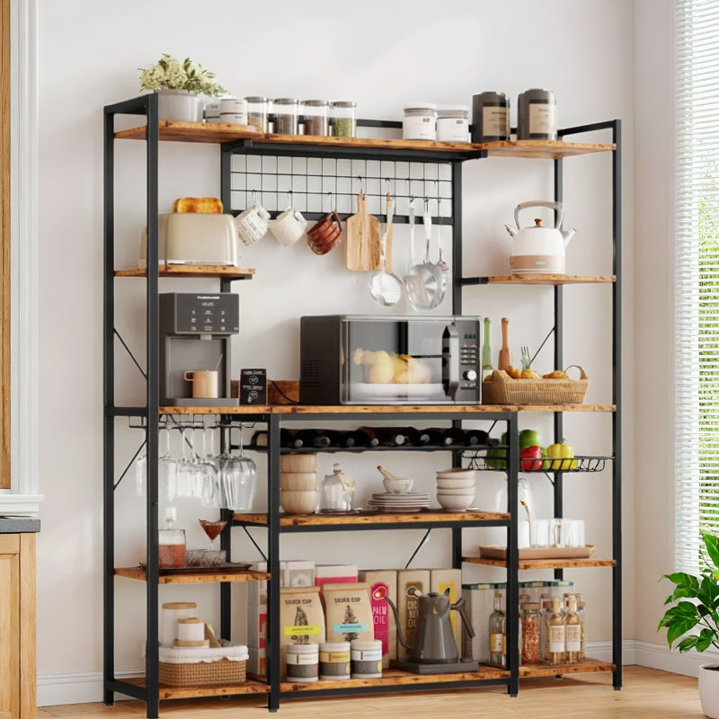 62.4"W Bakers Rack with Storage Shelves and Power Outlet