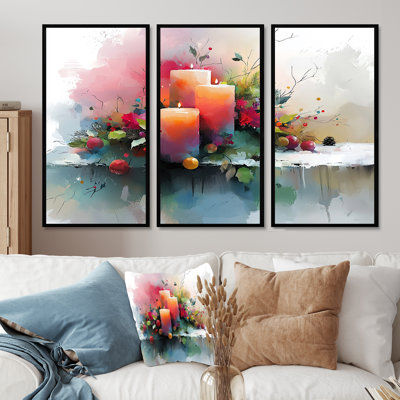 Pink And Orange Christmas Candlelight Glow I - Christmas Wall Art Living Room Set