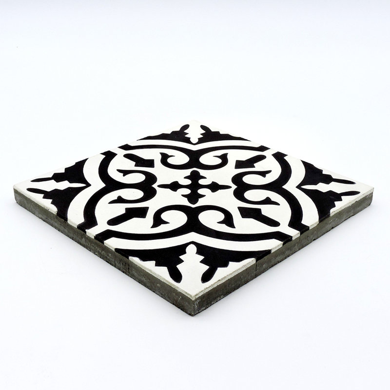 Carreau de mur et de sol en ciment marocain 8 po x 8 po Mamounia, Noir / blanc