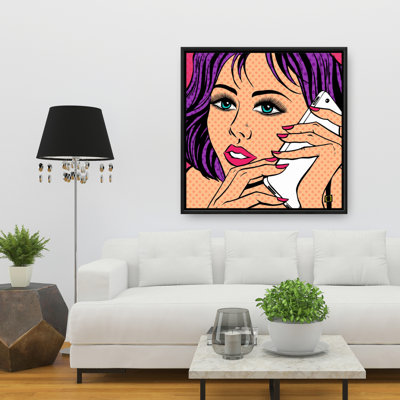 Pop Art Style Lady on Phone - Purple Figurative Canvas Art