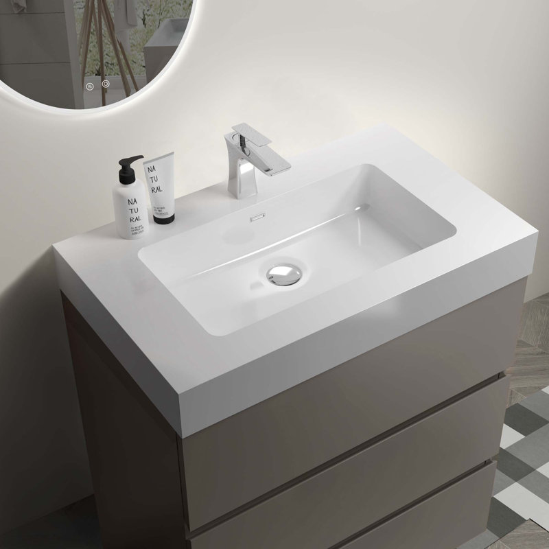 Meuble-lavabo autoportant en noyer avec évier, grand meuble-lavabo autoportant avec rangement pour salle de bain moderne, lavabo une pièce sans drain ni robinet, pré-assemblé