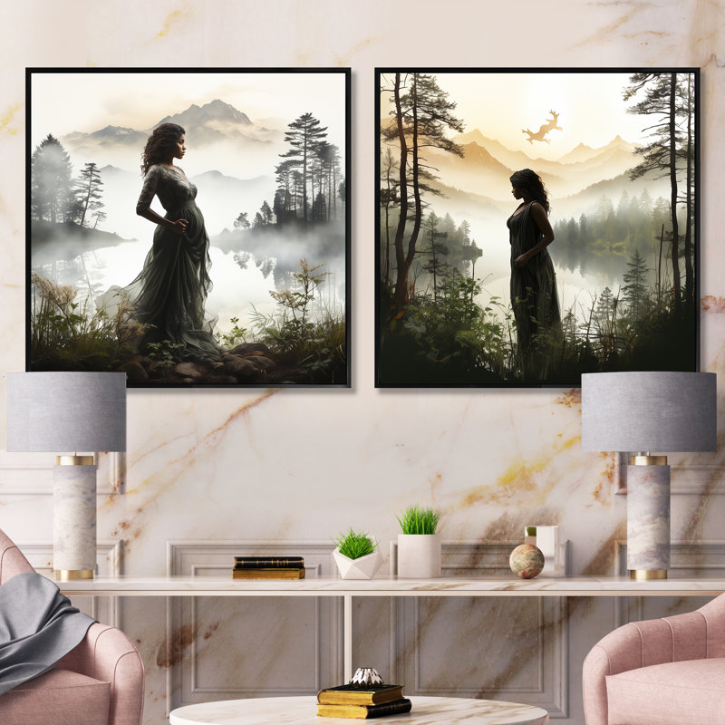Forest Forest Pregnant Serenity - ensemble de 2 collages carrés, Cadre flottant noir, H 16 po x l 33 po