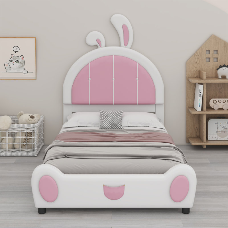 Lit plateforme tapissier avec tête de lit en forme de lapin, Blanc / rose