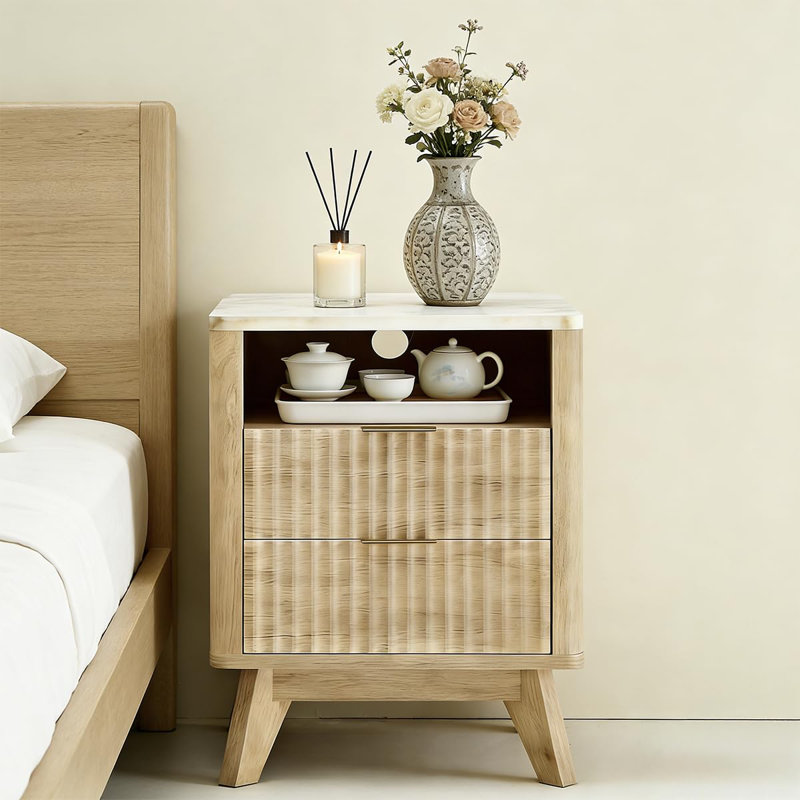 18" Small Nightstand with Charging Station, Modern Curved Bedside Table with Faux Marble Top & 2 Drawers, Oak End Table for Bedroom, Living Room