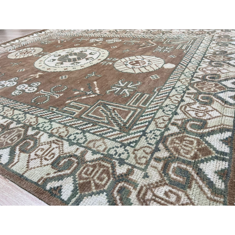 Tapis traditionnel brun en laine noué à la main, Rectangulaire 8 pi x 10 pi