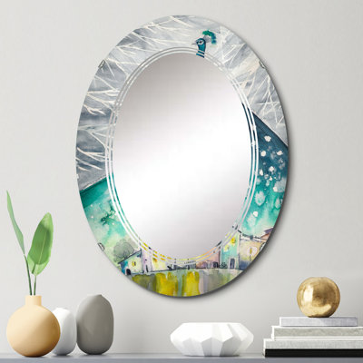 Turquoise Peacock Over City - Miroir mural scandinave ovale