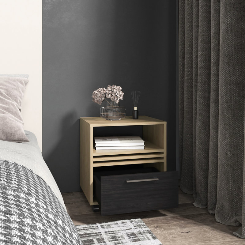 Table de chevet compacte de 20 po pour chambre à coucher, tiroir et tablette, rangement sans effort, table de chevet haute en chêne naturel, rangement bien rangé, mobile avec
