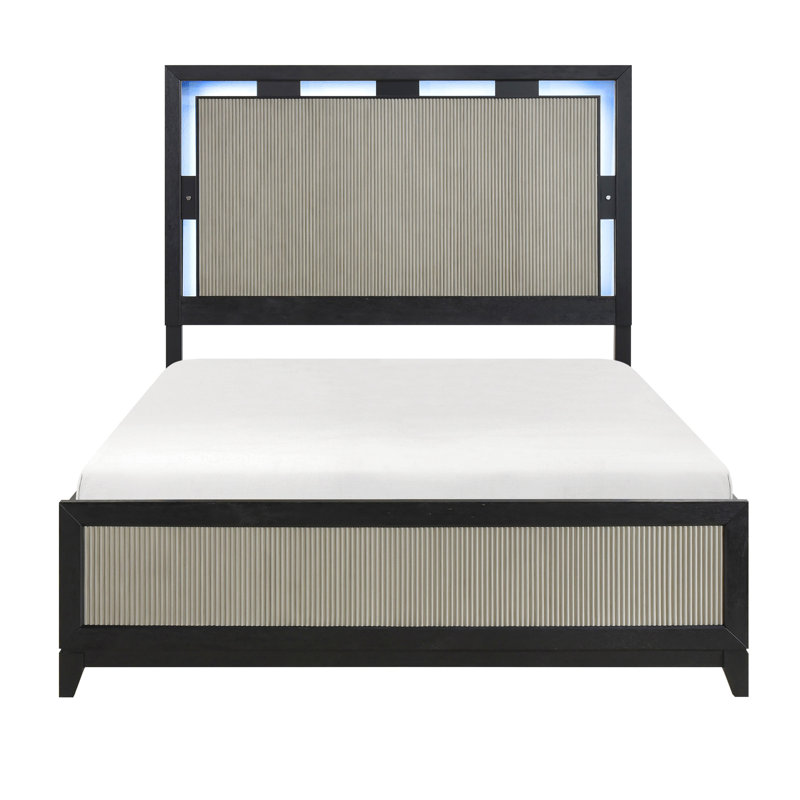 Grand lit de style moderne, en bois massif, gris anthracite deux tons, superposé et éclairage de chambre à coucher à DEL, panneaux