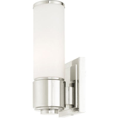 Applique murale en nickel poli - 1 lumière, abat-jour en verre blanc - Idéal pour meuble-lavabo.
