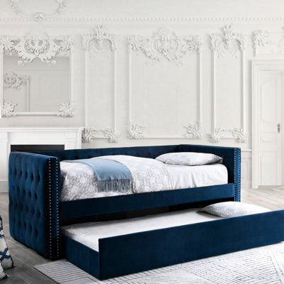 Lit de jour de style transitionnel bleu marine avec couchette, revêtement rembourré de flanelle, bouton, garniture cloutée, ensemble de lattes pour arrangement de chambre à coucher Revêtement de flanelle, utilisation