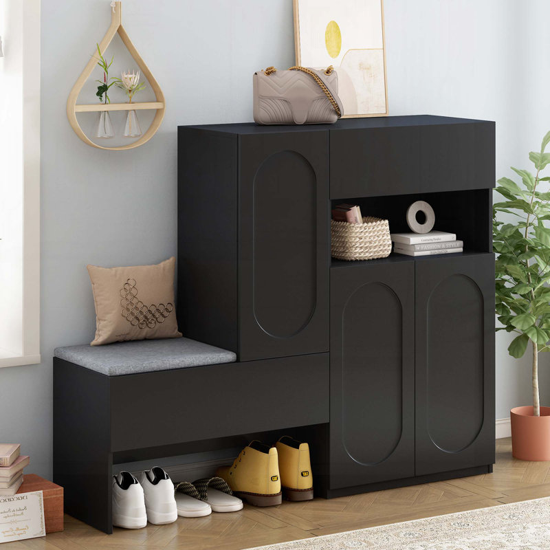 Armoire de rangement pour 18 paires de chaussures avec banc, Noir