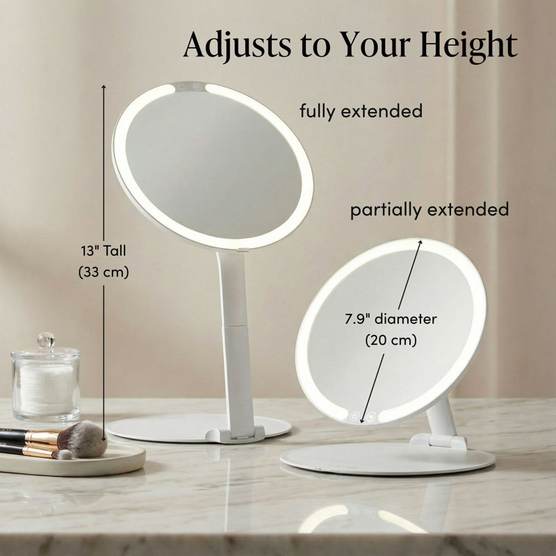  Miroir de maquillage de voyage rechargeable avec lumière DEL Abigail, support pliable de 8 po, miroir de voyage à éclairage de 3 couleurs. Miroir de salle de bain portable à intensité variable et léger, beauté voyage essentiel (blanc)