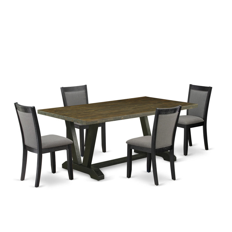 5-Pc Kitchen Dining Table Set Includes a Distressed Jacobean Wooden Table and 4 Dark Gotham Grey Linen Fabric Mid Century Chairs with High Back - Wire Brushed Black Finish