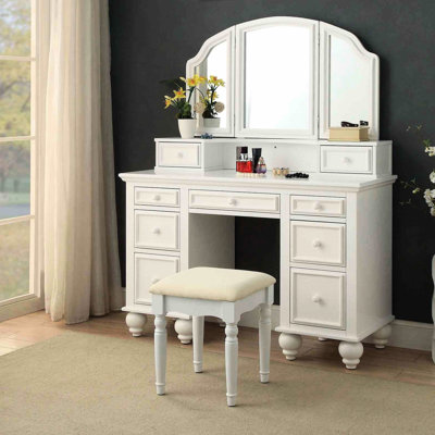 Meuble-lavabo et tabouret blanc transitionnel, miroir à 3 côtés, bois massif, tiroirs de rangement, poignées pour meubles de chambre à coucher 1 pièce avec design, blanc, tiroirs
