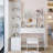 Full Body Mirror Cabinet + Round Mirror LED Vanity Table + Cushioned Stool, 17" Diameter LED Mirror, Touch Control, 3-Color, Brightness Adjustable, Large Desktop, Multi-Layer High Capacity Storage-1217524080