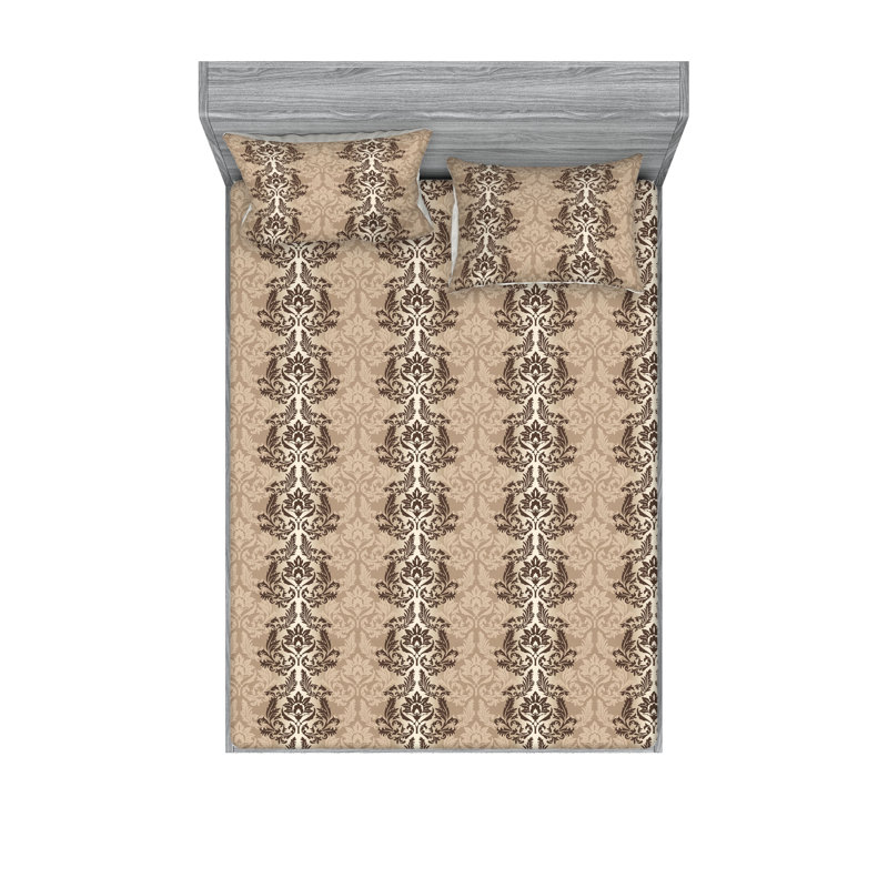 Ambesonne Fitted Sheet & Shams, King Sheet Set with 2 Pillowcases, Pastel Brown/Chocolate Flower