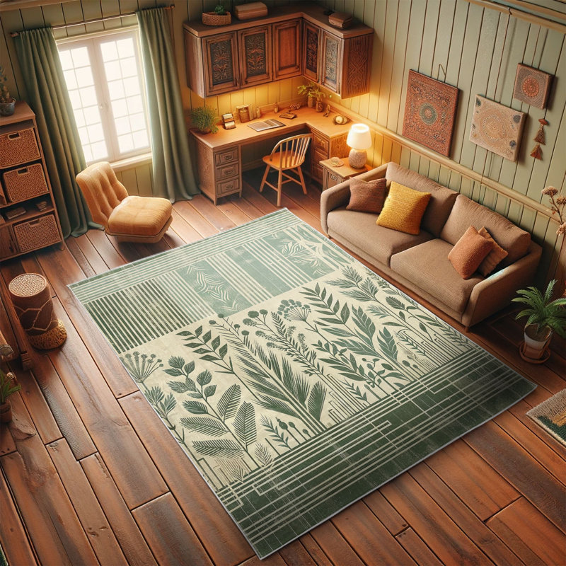 Laurel Green and Champagne Leafy Design Runner Rug