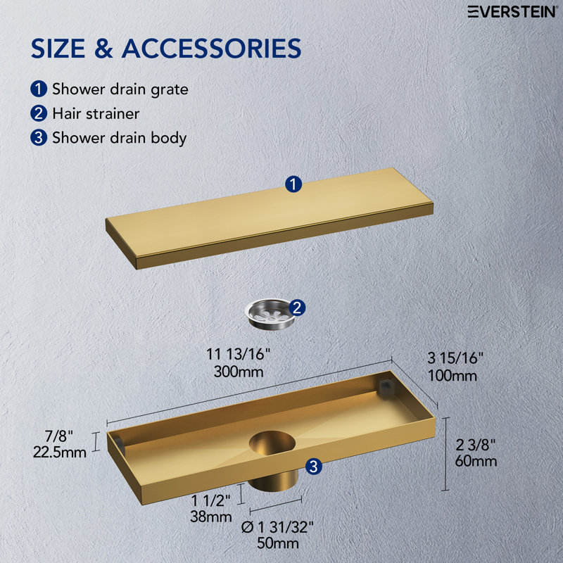 Drain de douche linéaire 11,81 "x 3,8", Or brossé