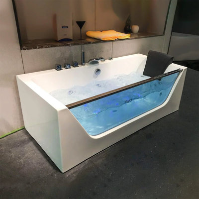 67" Whirlpool Water Jetted & Air Bubble Freestanding Heated Soaking Bathtub with LED Control Panel