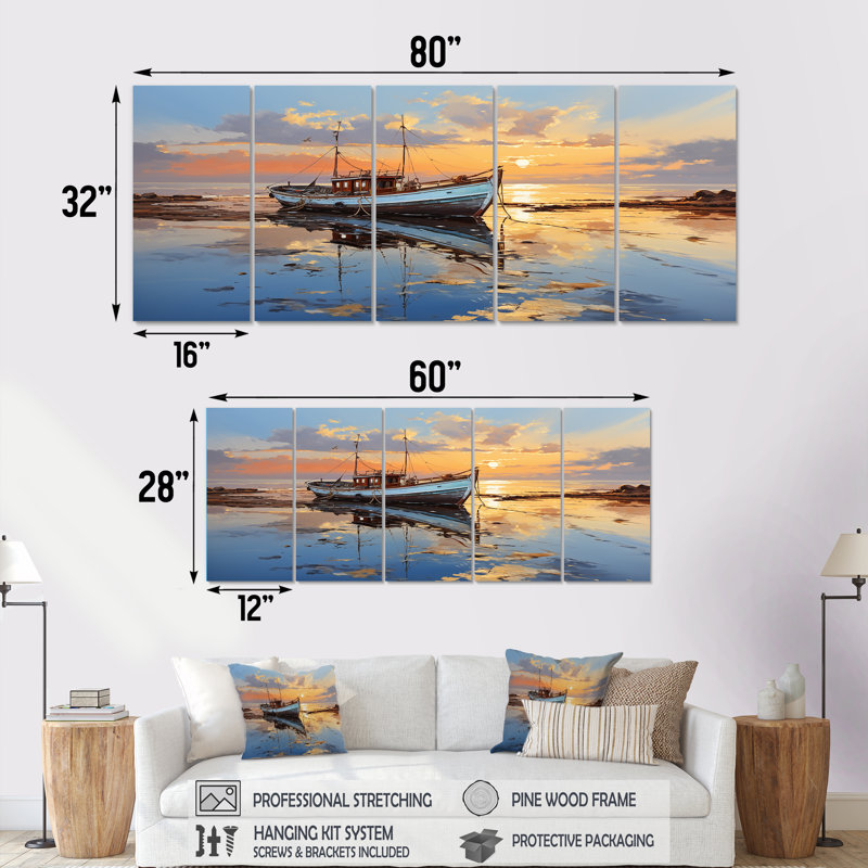 «Sunrise Fhses Boat By The Lake» - ensemble d'art mural bateau côtier 5 pièces, H 28 po x l 60 po