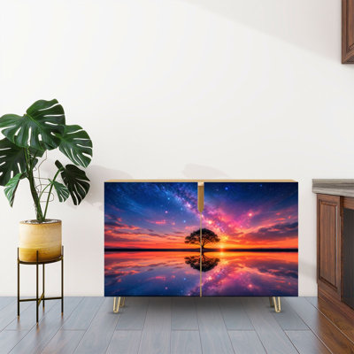 Buffet avec rangement Cosmic Sunset Reflection Water Starry Sky Silhouette Tree avec 2 portes pour le salon et la cuisine